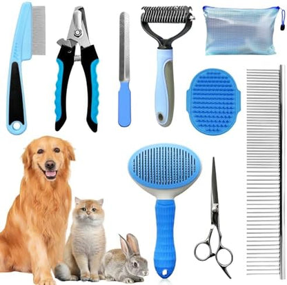 Dog Brush & Grooming Kit – 9-Piece Pet Brush & Deshedding Set for Shedding, Bathing, Trimming & Nail Care | Grooming Tools for Dogs & Cats, Includes Comb, Nail Clipper, Scissors, Slicker Brush (Blue) by Aiolpy