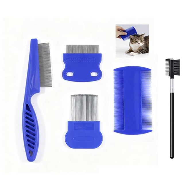 3/4/5-pieces flea and lice comb set, stainless steel pet comb (for dogs and cats, circular tooth design), double-sided tear stain remover, pet shedding comb, suitable for all types of pets (5pcs)