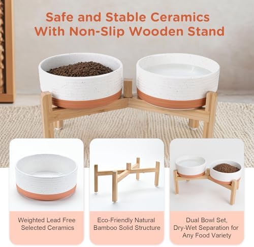 SPUNKYJUNKY Elevated Dog Bowls Ceramic, 7.3'' Dogs Food Water Bowls Raised with Non-Slip Bamboo Stand for Medium to Large Sized Breed Microwave Dishwasher Safe - 42 OZ,Pattern White - Image 6