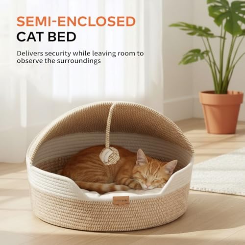 CHEERPALS Cat Basket Bed with Washable Cushion and Ball Rope Cotton, Covered Pet Bed for Indoor Cats Cave Bed Hooded, Stimulicat Cat Bed Handwoven Breathable, All Season Universal(White) - Image 6