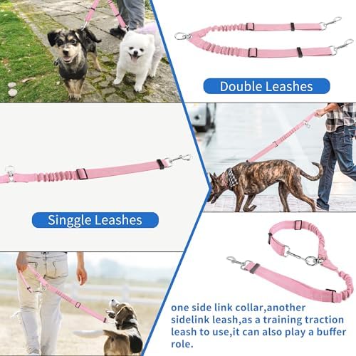 YAODHAOD Double Dog Leash,Two Dog Leash Splitter, No Tangle 360° Swivel Rotation Reflective Lead, Adjustable Length Bungee Heavy Duty Walking Training Dual Extension (Pink) - Image 4