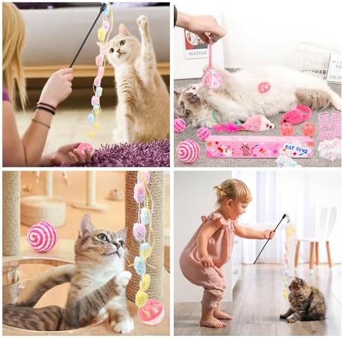 QUOZUO 16Pcs Cat Toy Set Pink Kitten Toys Pack Including Feather Teaser Interactive Wand Cat Springs Mice Crinkle Balls and Pet Bell Balls Toys for Bored Indoor Cats, Gift Box Styles (Pink) - Image 4