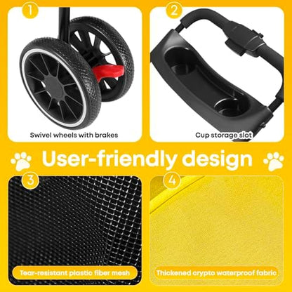 Pet Stroller,Dog Stroller for Small Medium Dogs Cats,3 Wheels,Yellow - Image 5
