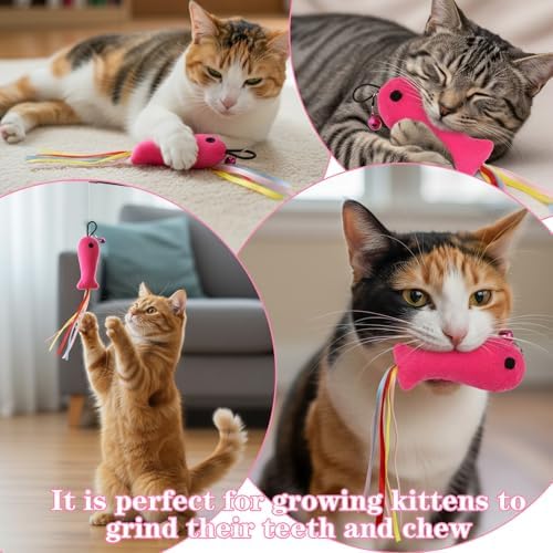 5 PCS Fish and Mice Catnip Toys Plush Filled, Cat Toys Pink Fish Catnip Toy for Cats Flopping Cats Fishs Toy Filled Soft Plush, Premium CatWandToy Accessories with Ribbons for Indoor CatKitten Play - Image 5