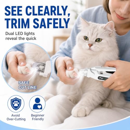 2-in-1 Dog Cat Nail Clippers & Grinder with LED Light, Pet Nail Trimmer with Splash Guard & Safety Lock, 2 Speeds USB Rechargeable Quiet Paw Nail Cutter for Large Medium Small Dogs Cats (White) - Image 5