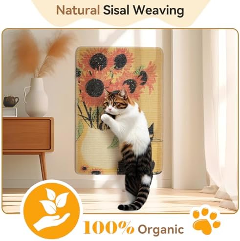 3-in-1 Sisal Cat Scratch Mat Sunflower 23.6x15.7'' Floor & Wall Cat Scratcher Pad, Protects Carpet Couch & Furniture with Sticker Tape, Anti-Slip, Durable for Indoor Outdoor Cats - Image 6