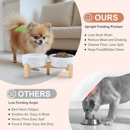 SPUNKYJUNKY Elevated Dog Bowls Ceramic, 5.1'' Dogs and Cat Food Water Bowls Raised with Non-Slip Bamboo Stand for Puppy Small Sized Breed Microwave Dishwasher Safe - 13.5 OZ,Paw White - Image 2