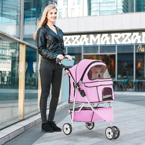 BestPet 3 Wheels Pet Dog Stroller Cat Cage Jogger Stroller Cats Travel Folding Carrier Waterproof with Cup Holder & Removable Liner,Pink - Image 2