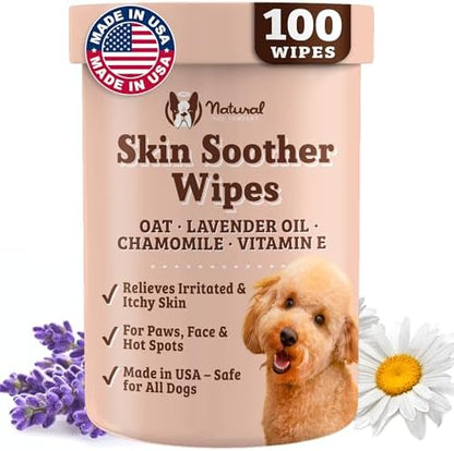 Natural Dog Company Skin Soother Wipes, 100 Count, Pet Wipes for Dogs, Hypoallergenic Formula, Dog Moisturizer for Dry Skin, Grooming, Pet Itch Relief for Dogs by NaturalDogCompany