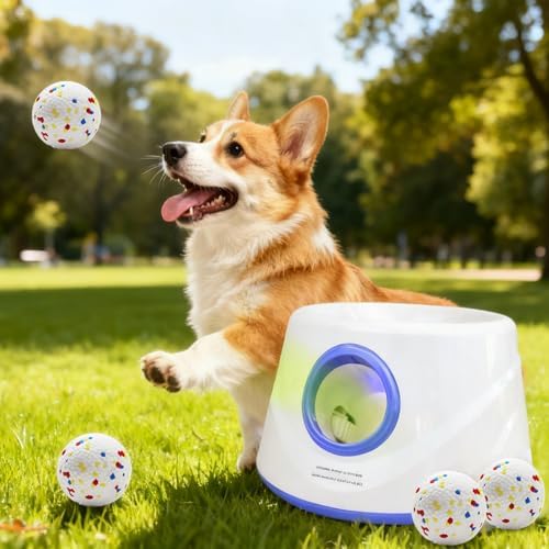 Dog Ball Launcher - Automatic Ball Thrower for Dogs, 3 Adjustable Distance Settings Dog Ball Thrower, Indoor Outdoor Interactive Fetch Machine Dog Toys for Small/Medium Sized Dog by DRKINNOTECK