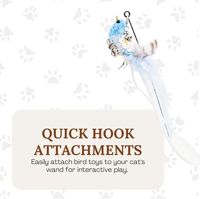 Interactive Cat Toys for Indoor Cats - 5 Replacement Feathers with Bells - Teaser Wand Toy - Self Play Bird Simulation - Bored Adult Feline Hunting Solo Chaser Activity - Kitten Juguetes para Gatos