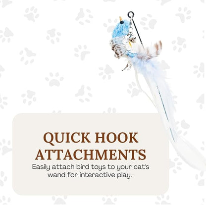 Interactive Cat Toys for Indoor Cats - 5 Replacement Feathers with Bells - Teaser Wand Toy - Self Play Bird Simulation - Bored Adult Feline Hunting Solo Chaser Activity - Kitten Juguetes para Gatos