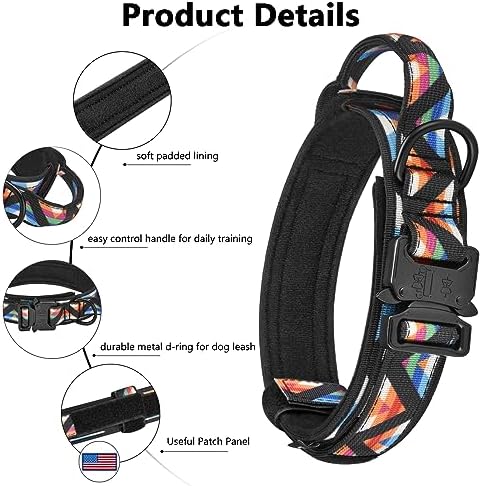 DAGANXI Tactical Dog Collar, Adjustable Military Training Nylon Dog Collar with Control Handle and Heavy Metal Buckle for Medium and Large Dogs, with Patches and Airtags Case (M, Colorful Triangle) - Image 4