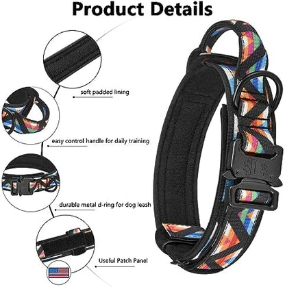 DAGANXI Tactical Dog Collar, Adjustable Military Training Nylon Dog Collar with Control Handle and Heavy Metal Buckle for Medium and Large Dogs, with Patches and Airtags Case (M, Colorful Triangle) - Image 4