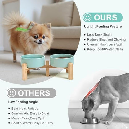 SPUNKYJUNKY Elevated Dog Bowls Ceramic, 5.1'' Dogs and Cat Food Water Bowls Raised with Non-Slip Bamboo Stand for Puppy Small Sized Breed Microwave Dishwasher Safe - 13.5 OZ,Light Green - Image 3