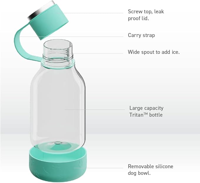 Asobu Buddy Bottle a Stainless Steel Insulated Water Bottle for with Removable Dog Water Bowl and Dog Food and Treat Storage Bowl (Green, Tritan 50 oz Water Bottle with Bowl)