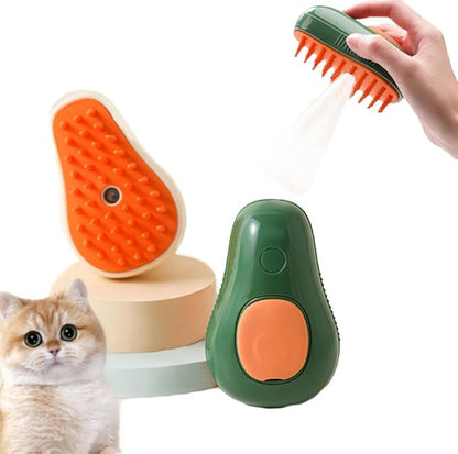 3-in-1 Self-Cleaning Steamy Cat Rechargeable Silicone Pet Brush for Massage, Removing Tangles and Loose Hair (Avocado/Orange)