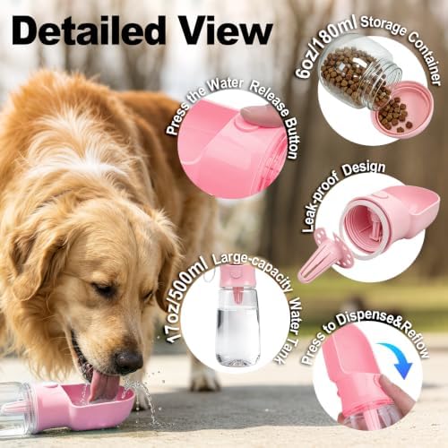 Pink Large Portable Dog Water Bottle(17oz) with Food Container - Image 3