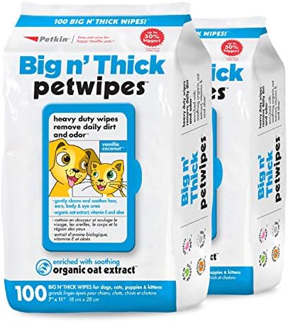 Petkin Large Pet Wipes for Dogs and Cats, 200 Count, Organic Oat Extract, Moistened with Gentle Cleaning Formula, Ideal for Home or Travel by Petkin