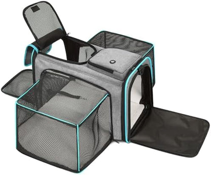 Pet Carrier, Large Soft Sided Expandable Travel Carrier with Steel Frame, Anti-Scratch Mesh, Removable Fleece Pad and Pockets for Cats, Dogs and Small Animals up to 15 lbs (Gray, 4 Sides Expandable) by Handor