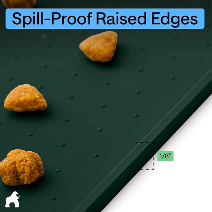 GORILLA GRIP 100% Waterproof Raised Edge BPA Free Silicone Pet Feeding Mat, Dog Cat Food Mats Contain Spills Protects Floors, Placemats for Cats and Dogs Water Bowl, Pets Accessories 28x18 Green