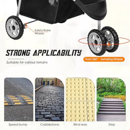 FDW 3 Wheels Pet Stroller Folding Dog Cat Jogger Stroller with Storage Basket &Cup Holder Portable Lightweight Travel Carrier, Grey - Image 4