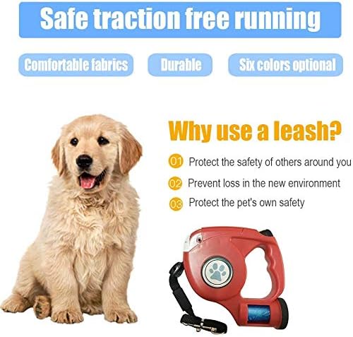 JEBBLAS Old Version Dog Retractable Leashes with Flashlight and Waste Bag Dispenser, 3 in 1 Automatic 15ft Dog Walking Leash with Anti-Slip Handle, Red