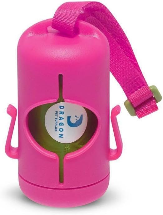 DRAGON Waste Bags Durable Dispenser, Dog poop bags holder with Two Hooks on the side for Used Poop Bags, leash attachment strap and 15 Poop Bags (Pink)