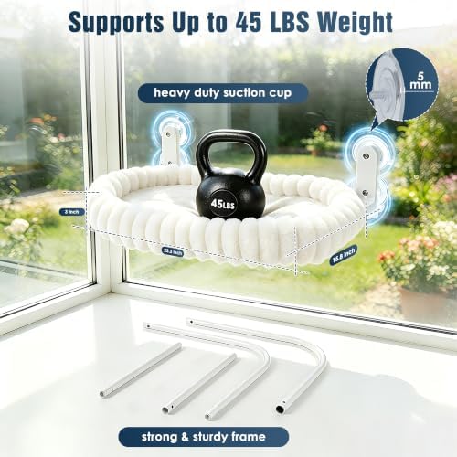 Cat Window Perch - Cordless Cat Window Hammock with 4 Strong Suction Cups, Ultra Soft Window Perch for Cats Inside - 2 in 1 Cats Window Bed Detchable & Washable Cushion 23.3 * 15.8in(White) - Image 3