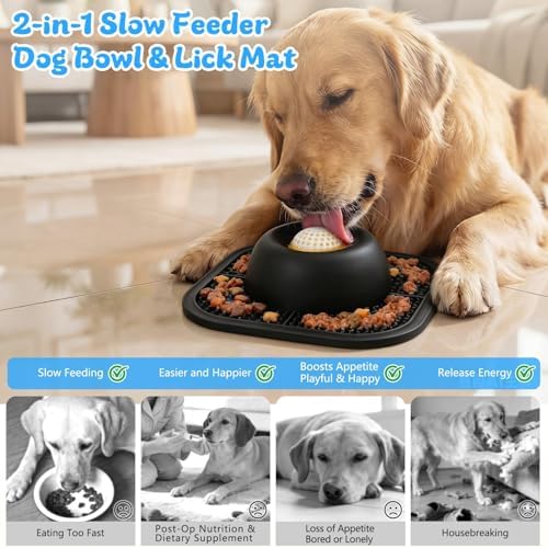 Slow Feeder Dog Bowls & Lick Mat for Liquid and Thick Treat, Anti-Slip Dog Lick Bowl with Interactive Rolling Ball, 5/6 Cup Pup Licking Toy for Large Medium Small Dogs and Cats-Large Black - Image 2