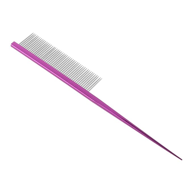 UPKOCH Pet Grooming Steel Comb for Dogs and Cats, Rat Tail Dematting Hair Removal Comb with Anti-tangle Design, Purple Metal Hairstyling Tool for Long-haired Pets