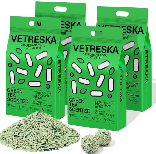 VETRESKA Tofu Cat Litter, Natural Kitty Litter Strong Clumping Flushable Cat Litter Pellets Ultra Absorbent, Odor Control, Dust-Free, Low Tracking Eco-Friendly Tofu Litter, Greentea(5.5lb×4bags) by VETRESKA