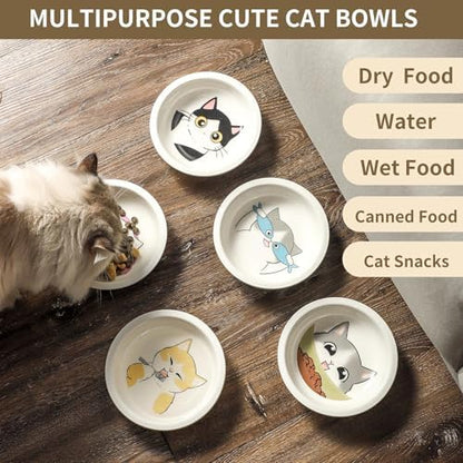 Ceramic Cat Bowls Set - 5.7 inch Wide Cat Food Bowl Whisker Fatigue Friendly, 5 Colorful Kitten Dish Plates with Cute Pattern for Wet and Dry Food Water and Small Pet - Image 4