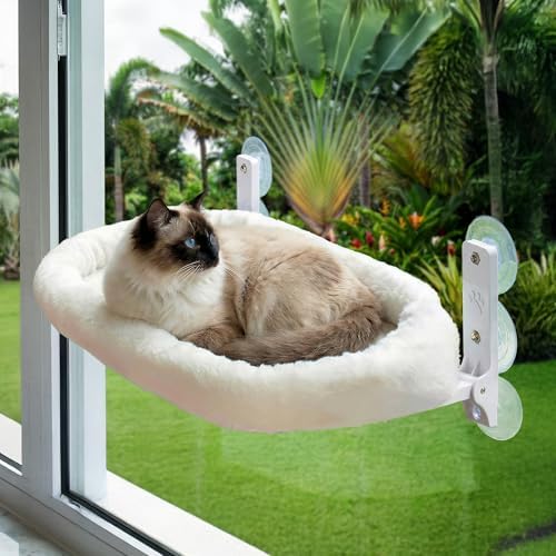 Cat Window Perch – Strong 6 Suction Cup Foldable Cat Hammock Bed for Large Cats and Kittens that Holds up to 50 lbs with Washable Reversible Cover, Sturdy Metal Frame for Window (White) by Unknown