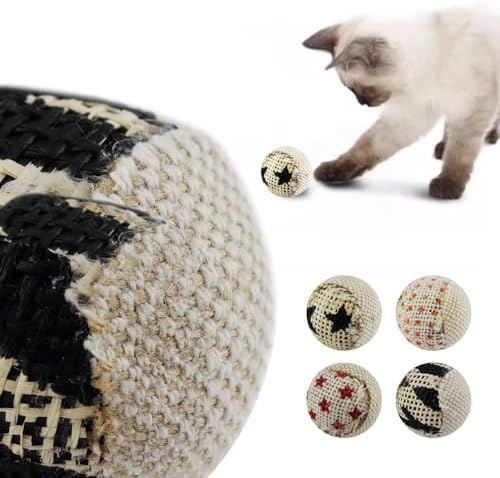 TTcat Canvas Burlap Cat Toy Balls, 4 Pack Natural Woven Linen Cat Play Balls, Durable Textured Kitten Chew Chase Toys, Lightweight Interactive Cat Ball Toys for Indoor Kittens & Cats. - Image 4
