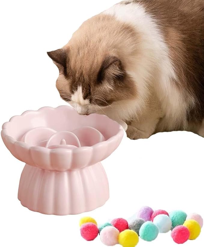Ceramic Raised Cat Slow Feeder Bowls Whisker Friendly Anti Vomiting Cat Slow Eating Food Bowl for Cats Puppy Dogs Neck Support Plates (Pink)
