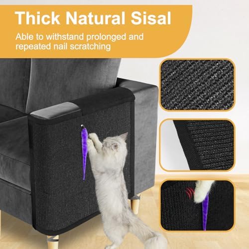 Cat Scratch Couch Protector,Cat Scratch Sofa Armrest Cover with Sisal Mat and Toy for Cats,Sofa Scratcher Furniture Protector 23.6’’L*19.7’’W (Black/Left Hand) - Image 3