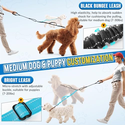 AUTOWT Double Leash for Two Dogs, No Tangle 360° Swivel Dual Dog Leashes with 4 Handles, Super Lightweight for Puppy, Reflective Adjustable Strap and Shock Absorbing Bungee - Image 4