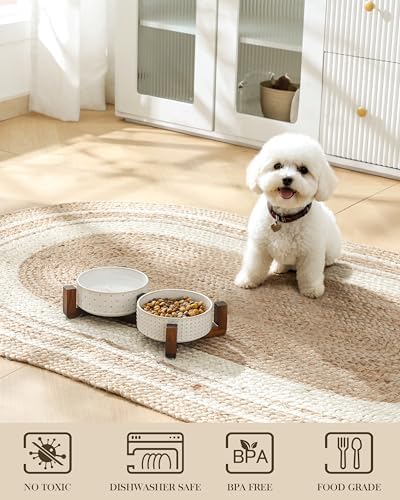 MALACASA Dog Bowl Set, Ceramic Bowls with Walnut Wood Stand, 2 Cups - Image 4