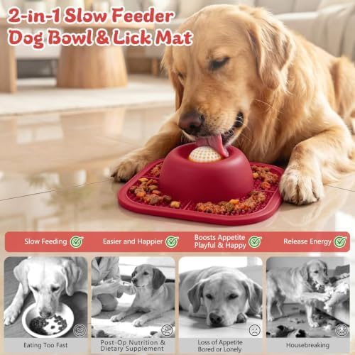Slow Feeder Dog Bowls & Lick Mat for Liquid and Thick Treat, Anti-Slip Dog Lick Bowl with Interactive Rolling Ball, 5/6 Cup Pup Licking Toy for Large Medium Small Dogs and Cats Red - Image 2
