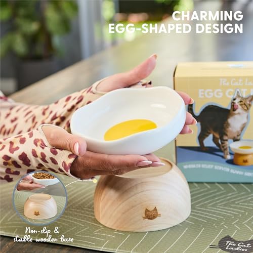 The Cat Ladies Egg Cat Food Bowl - Cute Cats Bowl - Elevated Ceramic Food Bowls - Ceramic Raised Food Bowls - Elevated for Spinal Alignment - Prevents Whisker Fatigue - Wood StandCat Bowl - Image 6