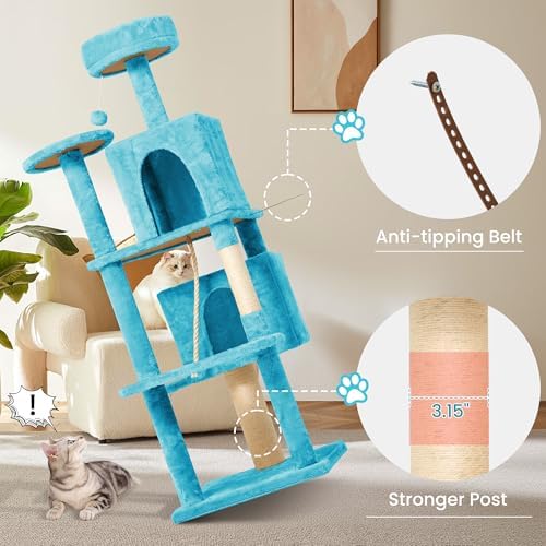 57inch Large Cat Tree Tower Condo for Indoor Cats, Soft Plush Multi-Level Climbing Tree Cat House with Cat Cave, Scratching Post, More Entrance/Exit, Sisal Rope, Light Blue - Image 4