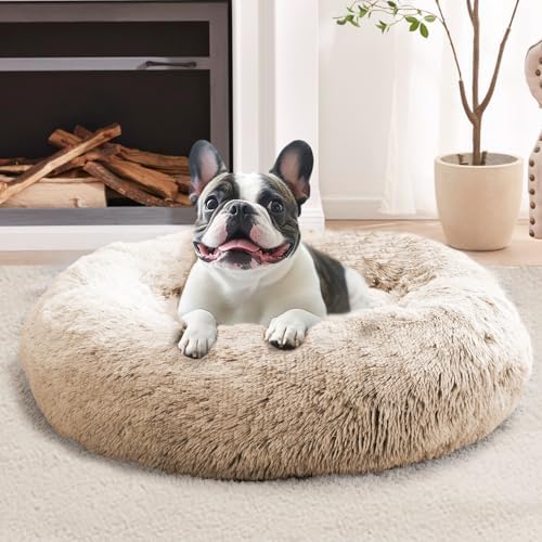 JOLLYVOGUE Calming Dog Bed Medium Size Dog, Anti-Anxiety Donut Medium Pet Bed, 27 inches Fluffy Faux Fur Round Cat Bed (Cream Brown) by JOLLYVOGUE