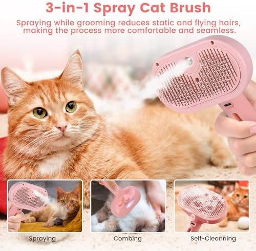 Steam Brush for Shedding Pets - Self-Cleaning Grooming Comb with Water Tank for Long & Short Haired Cats and Dogs (Pink) - Image 5