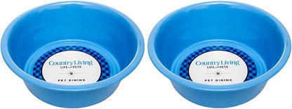 Country Living Set of 2 Non-Slip Durable Blue Powder Coated Stainless Steel Heavy Dog Bowls (32oz) - Rust Resistant, Easy to Clean, Perfect for Medium Size Breeds