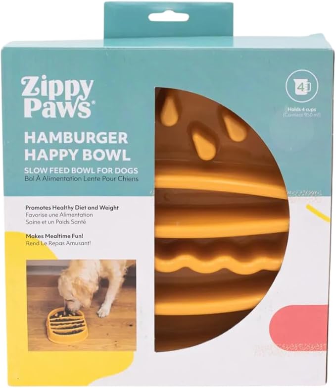 ZippyPaws Happy Bowl - Slow Feeder Dog & Puppy Bowl, Interactive Puzzle Feeder for Small, Medium, & Large Dogs, Up to 10x Slower Eating, Non Slip Base, Holds 4 Cups - Hamburger