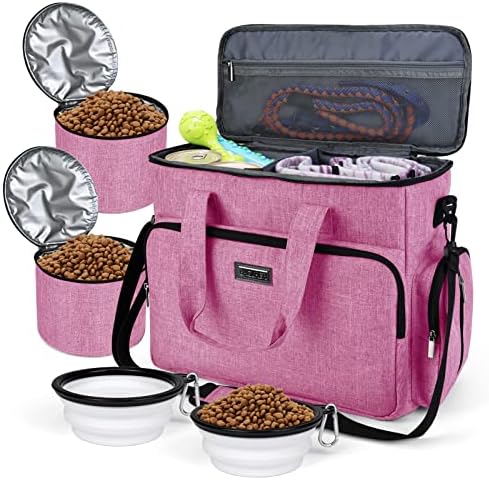 BAGLHER Dog Travel Bag, Pet Travel Bag (ALL Pet Travel Supplies), With 2 Pet Food Containers and 2 Collapsible Silicone Bowls; Essential Kits for Pet Travel Pink by BAGLHER