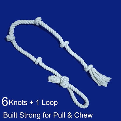 Heavy-Duty 51" White Cotton Rope Dog Toy – 6-Knot Tug & Dental Chew with Loop – Durable, Washable, Natural & Safe for Medium & Large Dogs – Indoor & Outdoor Play