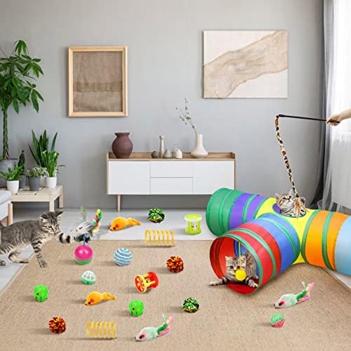 Malier Cat Toys Kitten Toys Set, Collapsible Cat Tunnels for Indoor Cats, Interactive Kitty Toys Cat Feather Toy Fluffy Mouse Crinkle Balls 3 Way Tube Tunnel Toys for Puppy Kitty Kitten - Image 2