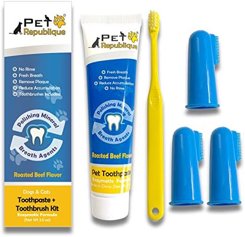 Pet Republique Enzymatic Dog Toothpaste Kit with Finger Toothbrushes Cats and Dogs Dental Cleaning Kit - 3.5 oz Beef Flavor Toothpaste, 3 Silicon Finger Toothbrushes, 1 Mini Handle Toothbrush by Pet+Republique